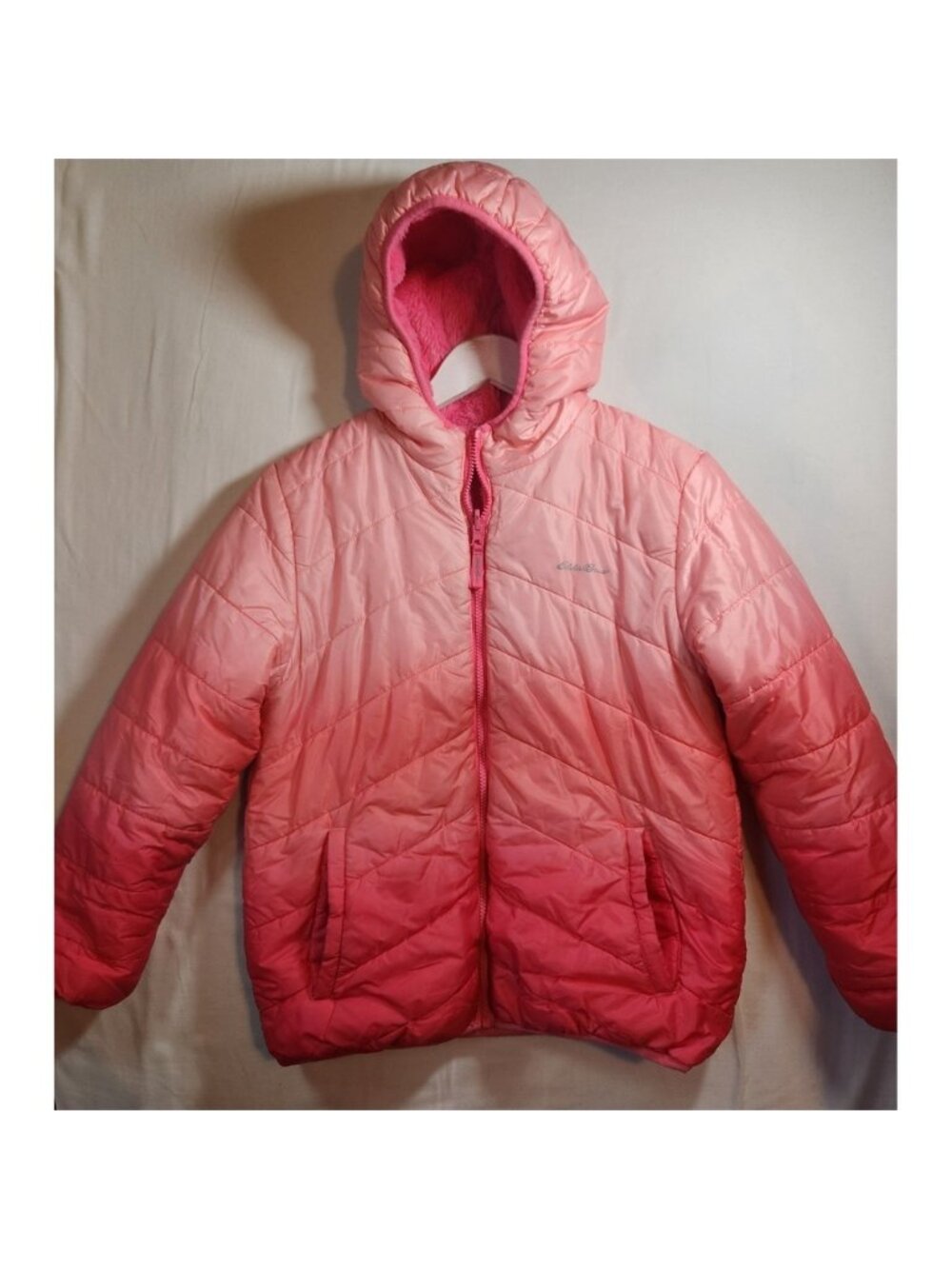 Eddie Bauer Girls Pink‎ Ombre Puffer Jacket Faux Fur Lined Hooded Quilted Coat